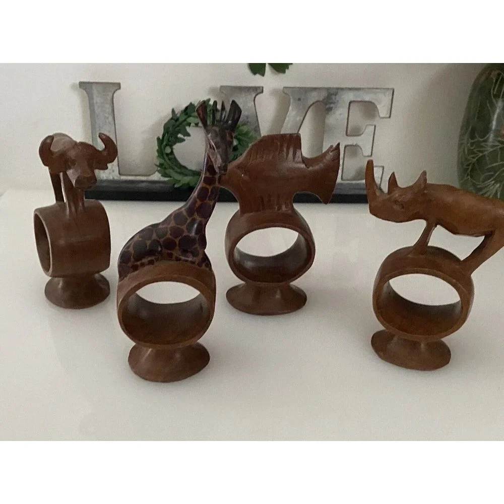 Set of 4 Hand Carved Napkin Rings African Safari Jungle Animal Teak Wood Vintage